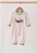 Khaki Puppy Fishing Gingham Romper