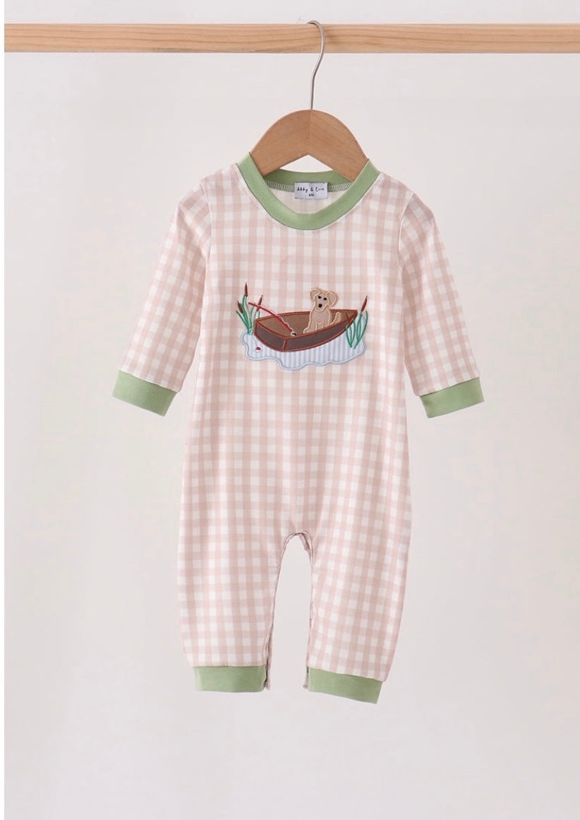 Khaki Puppy Fishing Gingham Romper