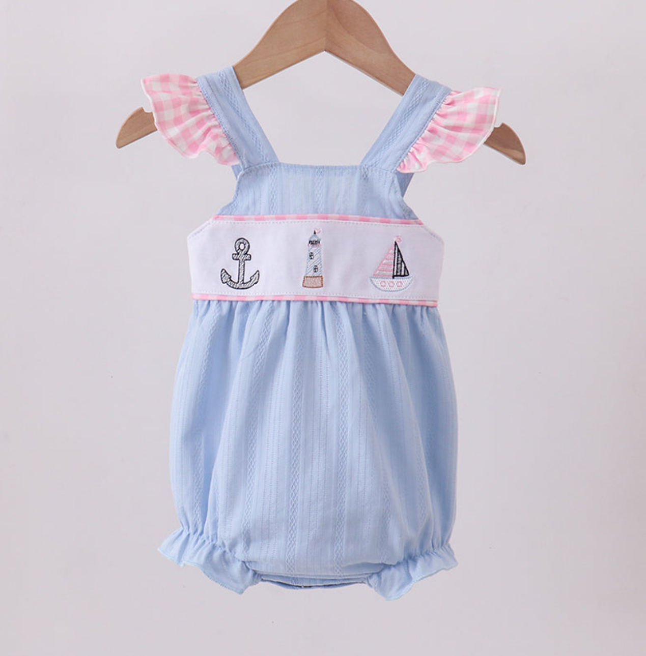 Blue Sailboat Embroidery Jacquard Ruffle Bubble