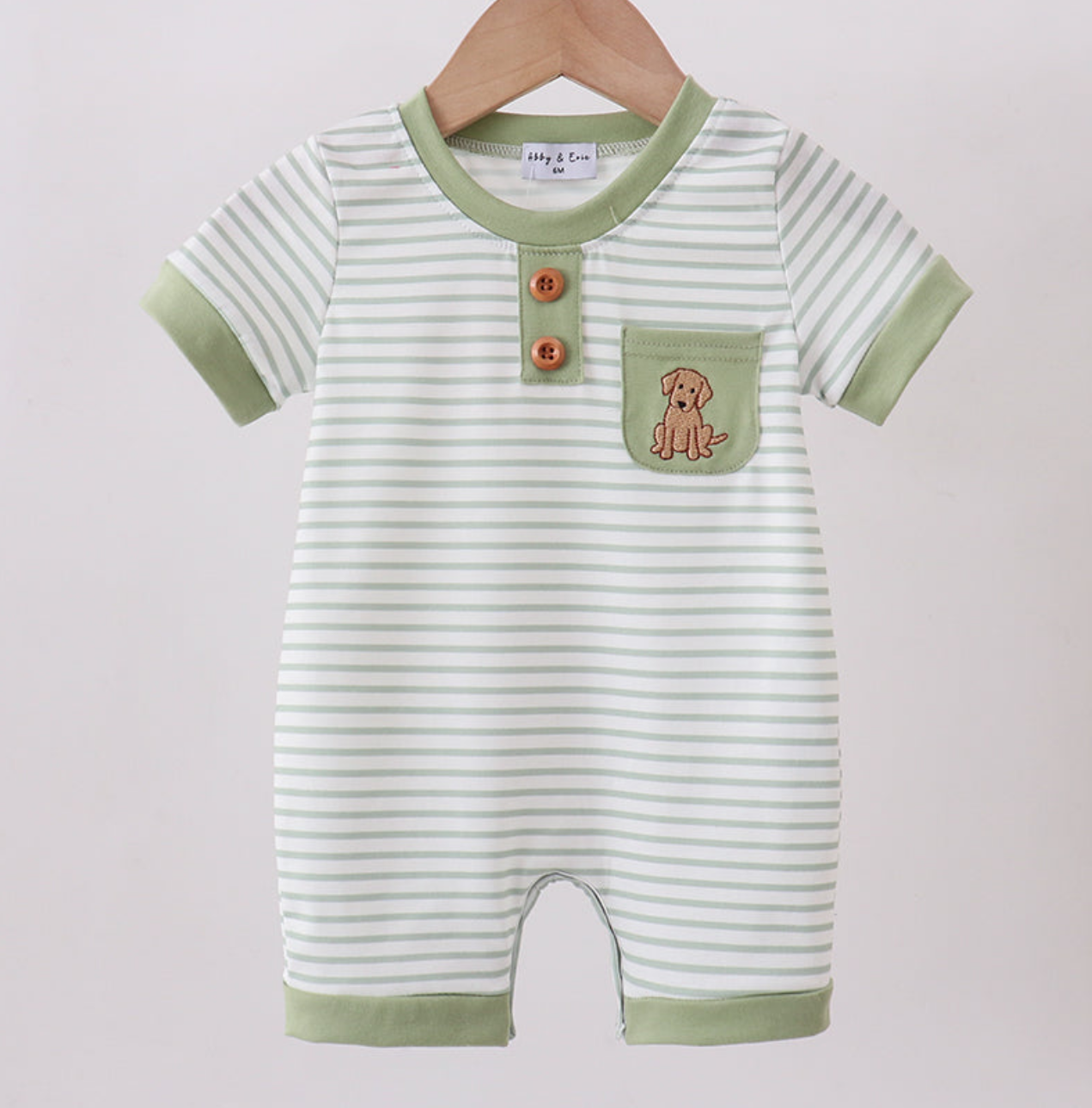 Sage Stripe Puppy Embroidery Romper