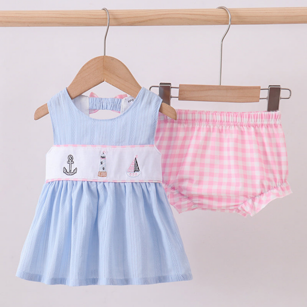 Blue Sailboat Embroidery Jacquard Ruffle Bloomer Set