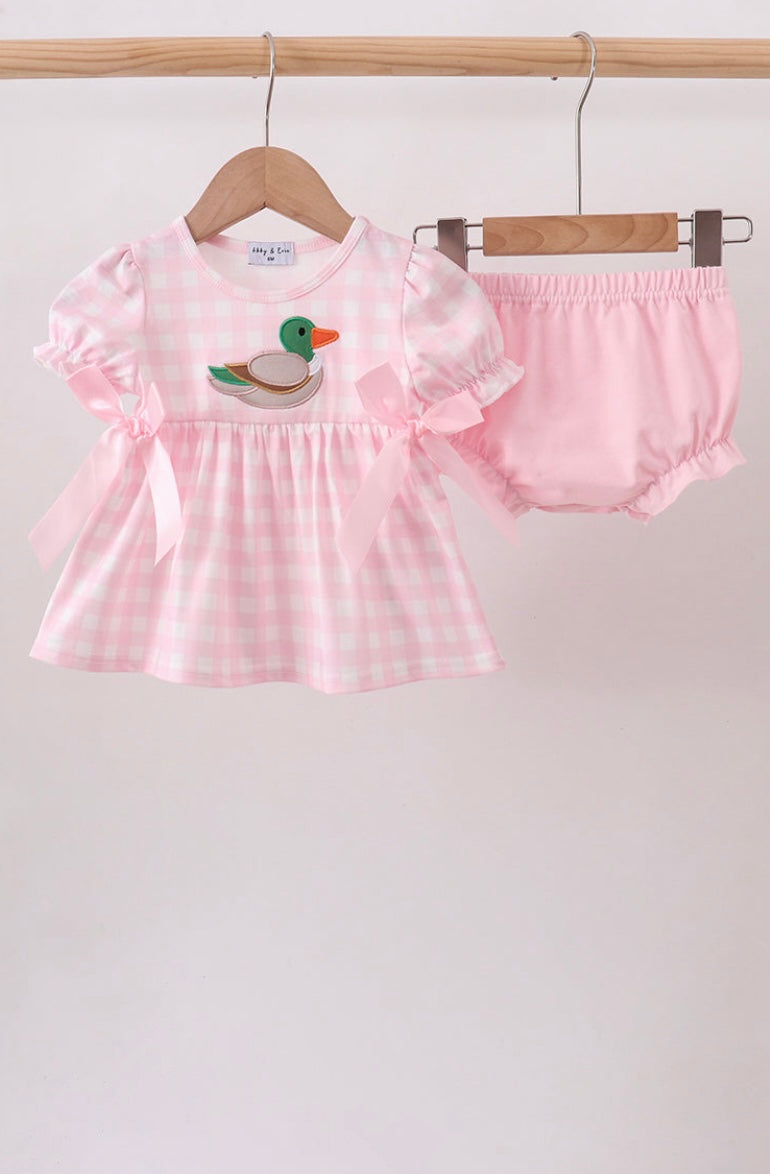 Pink Mallard Appliqué Gingham Bloomer set