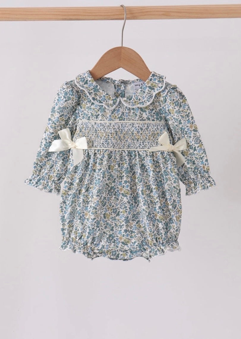 Sage Floral Smocked Bow Bubble