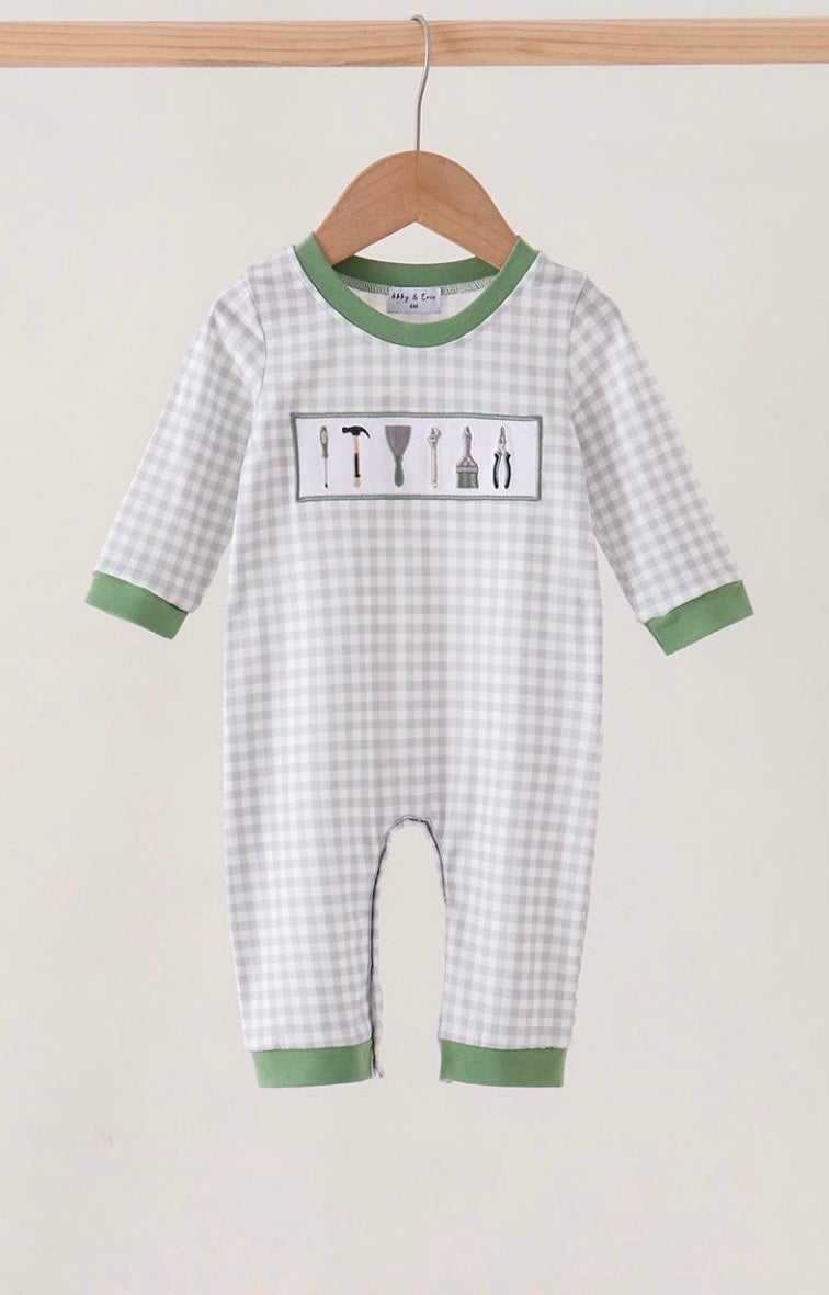 Green tools embroidery romper