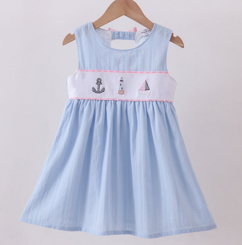 Blue Sailboat Embroidery Jacquard Dress