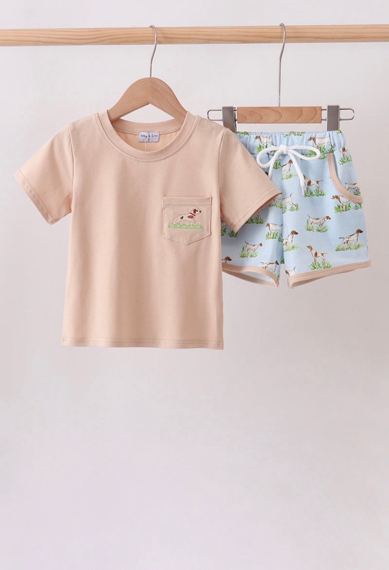Khaki Puppy Embroidered Shorts Set