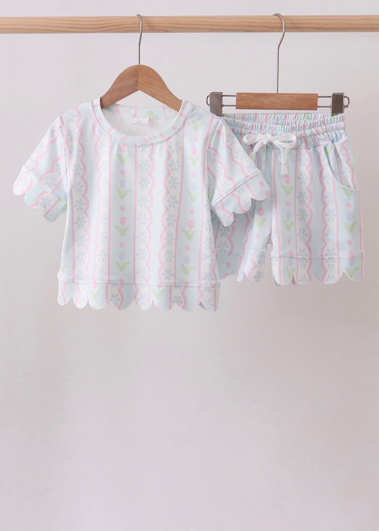 Mint Floral Scalloped Shorts Set