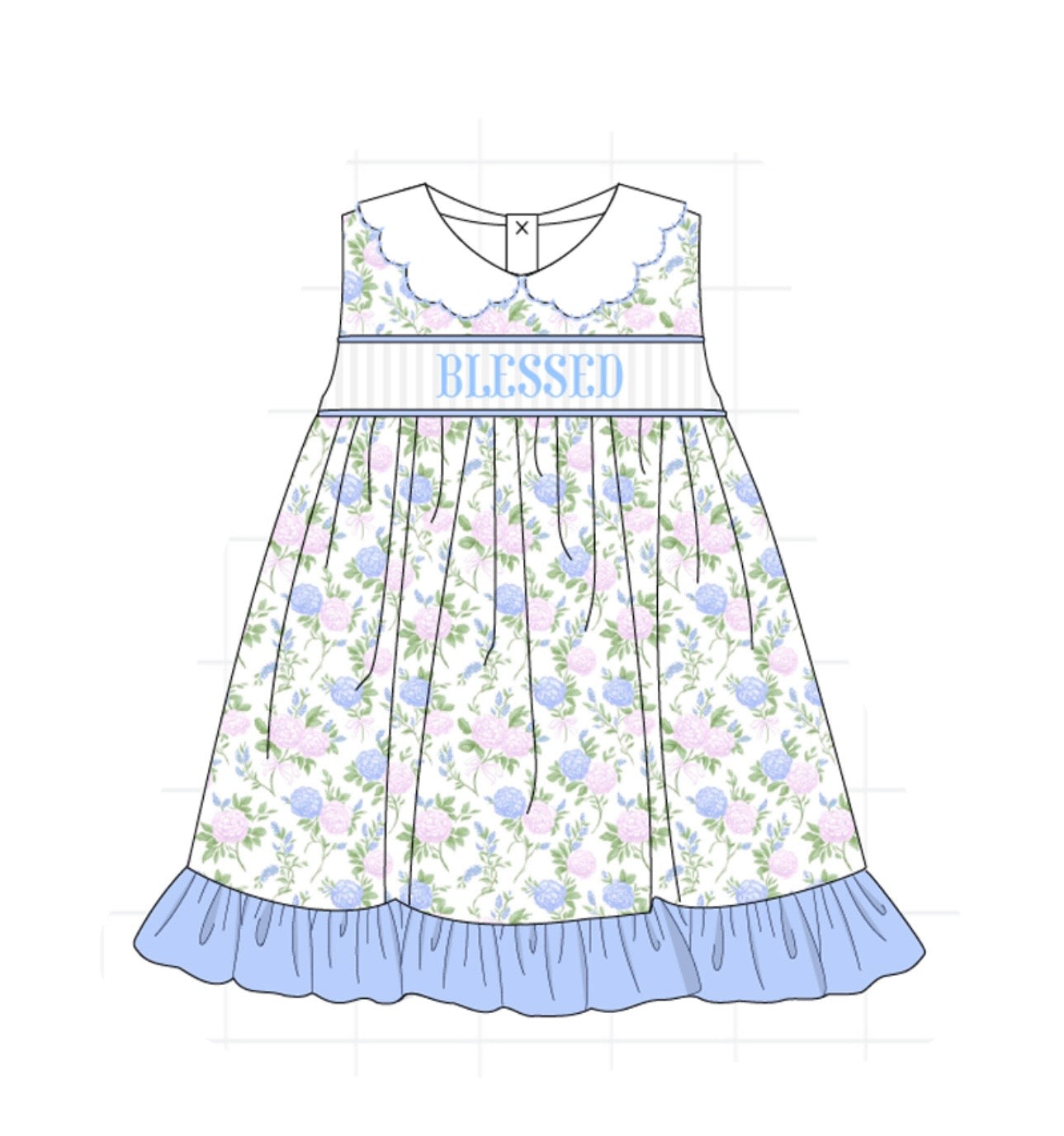 Girls Blue Floral Blessed Dress